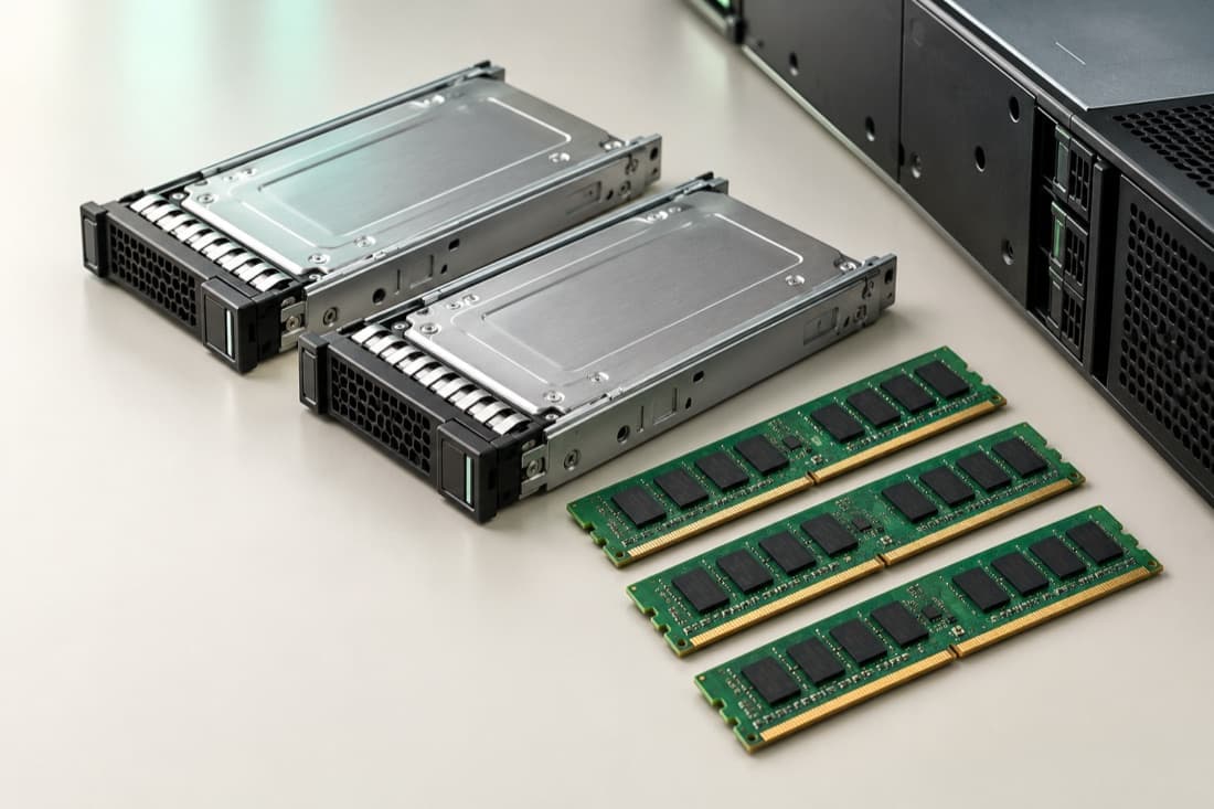 Illustrative enterprise storage drives and memory modules arranged on a clean workbench