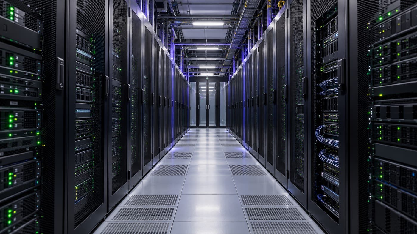Illustrative enterprise data center with black server racks and subtle violet lighting